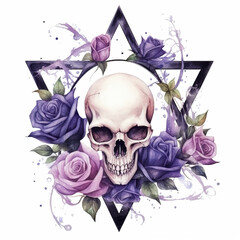 A skull and purple roses with a star of david in the background. Generative AI.