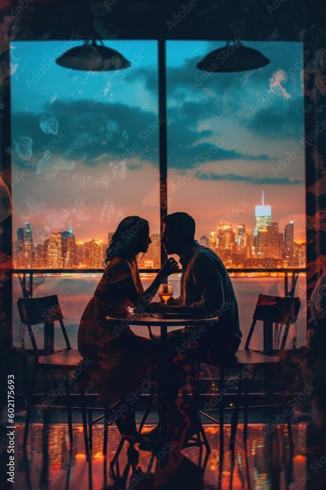 Aufkleber a man and a woman sitting at a table in front of a window. generative ai image.