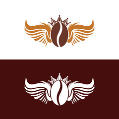 Crown Coffee Bean Wings Logo Design. Flying Coffee Logo Template.