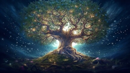 Fototapeta na wymiar Illustration of a solitary tree against a starry night sky. Generative ai