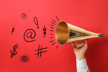 Complaint. Woman with megaphone and illustrations on red background, closeup