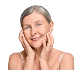 Portrait of senior woman with aging skin on white background. Rejuvenation treatment
