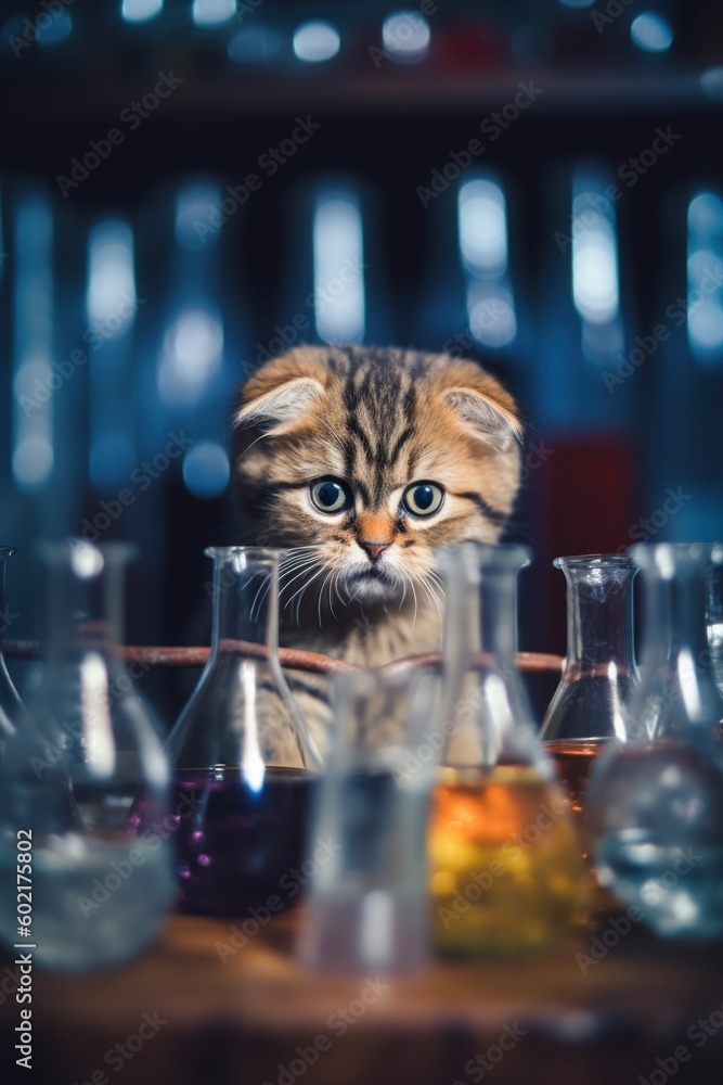 Aufkleber a cat sitting behind a table with a bunch of glass flasks. generative ai image.