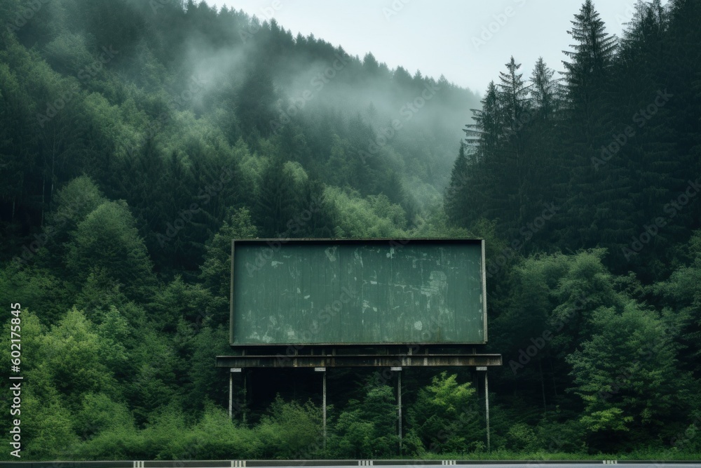Poster an empty billboard in the middle of a forest. generative ai image.