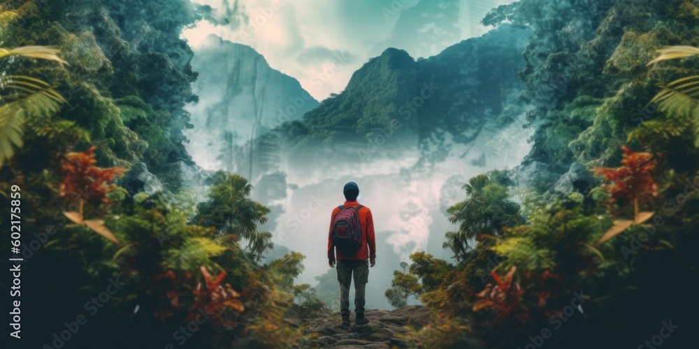 Poster a man standing in front of a waterfall. generative ai image.