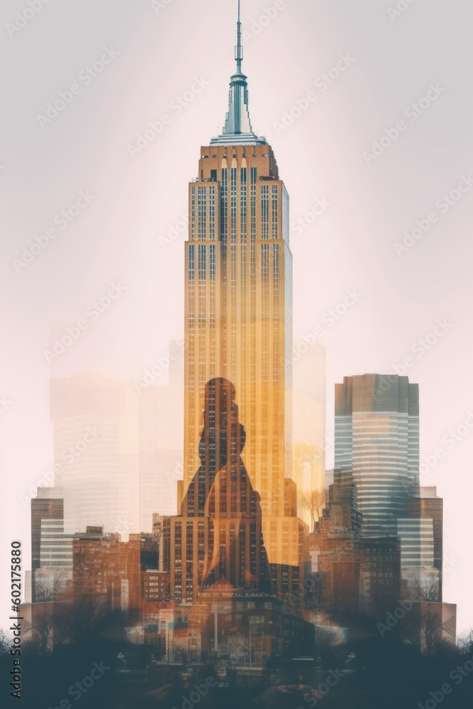 Poster a very tall building with a clock on top of it. generative ai image.