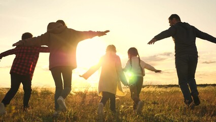 child mother father running sunset. happy family sunny run., child run healthy lifestyle in park at...