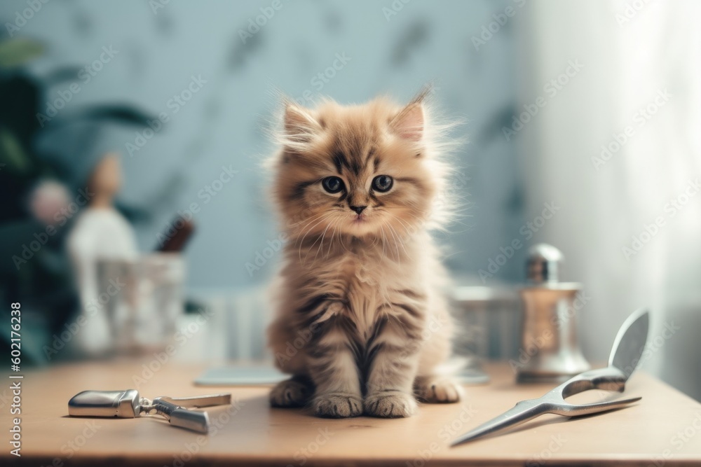 Poster a kitten sitting on top of a table next to a pair of scissors. generative ai image.