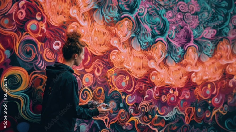 Aufkleber a man standing in front of a colorful wall. generative ai image.