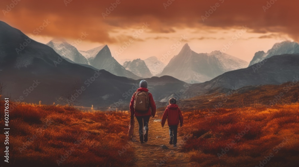Poster a man and a child walking down a path in the mountains. generative ai image.