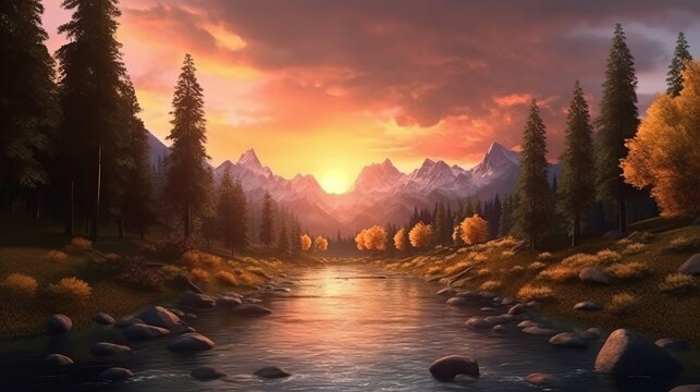 Illustration of a serene sunset scene with a river as the focal point. Generative ai