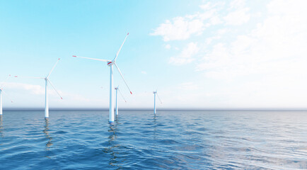 ULTRA HD. Offshore wind turbines farm on the ocean. Sustainable energy production, clean power. Close-up wind turbine. 3D illustration