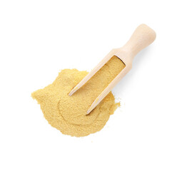 Brewer's yeast powder and scoop isolated on white, top view