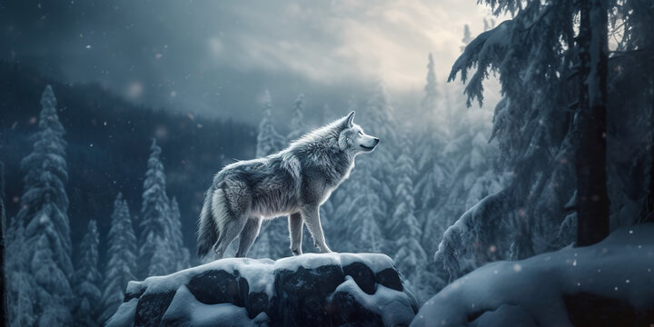 A lone wolf standing on a rock in a snowy forest. Generative AI.