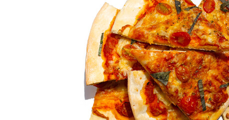 Slices of pizza on white background.