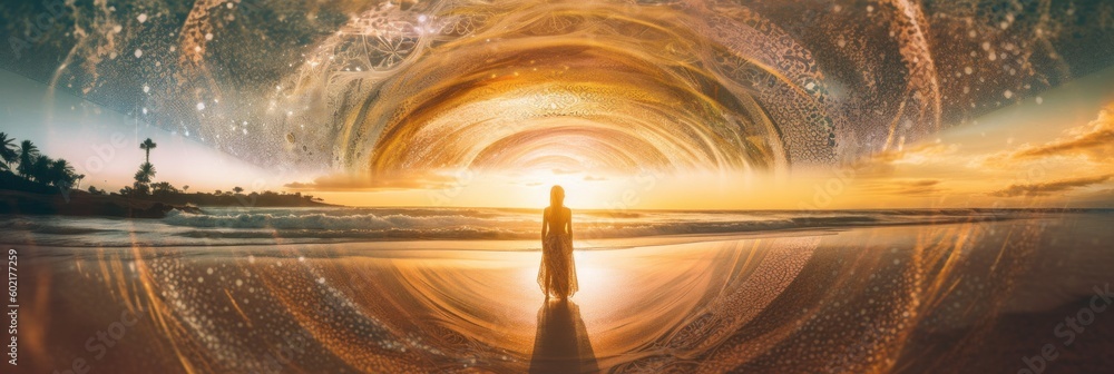 Poster a person standing on a beach in front of a wave. generative ai image.