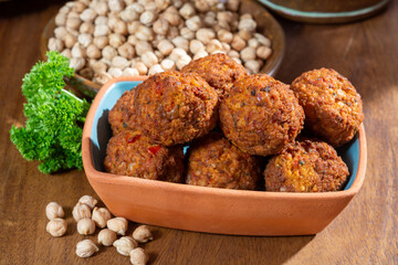 Cooking of healthy vegetarian food, tasty chick pea falafels