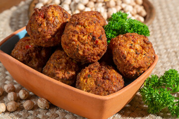 Cooking of healthy vegetarian food, tasty chick pea falafels