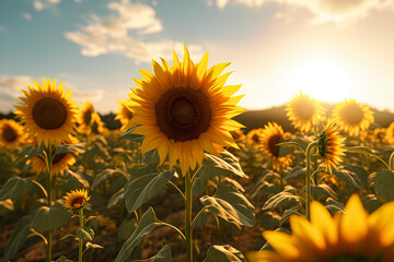 Obraz premium Close up beautiful sunflower at field, agriculture, generative ai.