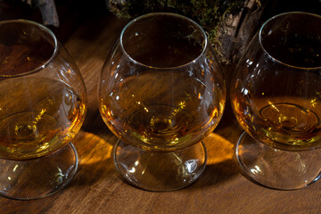 Tasting of aged french cognac brandy alcoholic drink in old cellars of cognac-producing regions Champagne or Bois, France