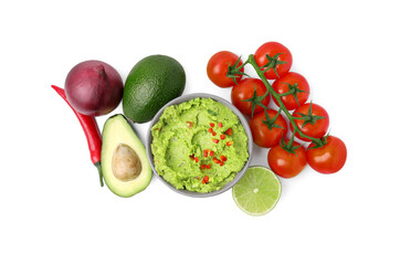 Bowl of delicious guacamole and ingredients isolated on white, top view