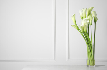 Beautiful calla lily flowers in vase on white table. Space for text