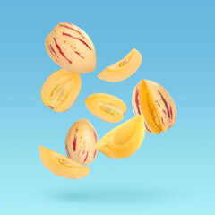 Fresh ripe pepino melons falling on light blue background