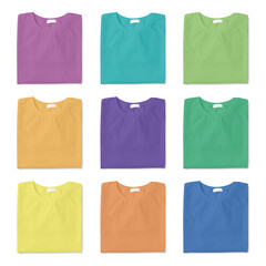 Set of stylish t-shirts on white background, top view