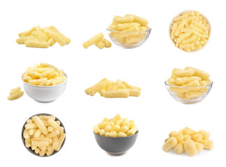 Collage with tasty corn sticks on white background