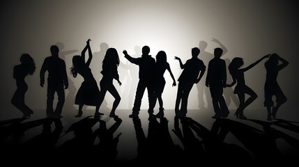 silhouettes of a group of people dancing, vignette white background with long shadows on the floor. Created with generative AI tools