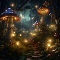 Enchanted fairy Yard and beautiful forest, with trees, glowing mushrooms and a sidewalk. Created with generative AI tools