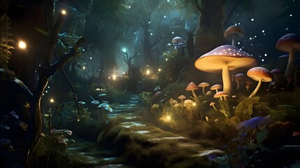 Fototapeta na wymiar Enchanted Yard transformed into an enchanted and beautiful forest, with trees, glowing mushrooms. Created with generative AI tools