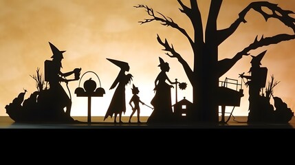 Fototapeta na wymiar a silhouette of a family trick-or-treating. halloween sunset. Created with generative AI tools