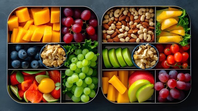 bento box lunch of fresh fruits, nuts, cheese, and other heatly food options. school, work, home, gym, diet. Created with generative AI tools