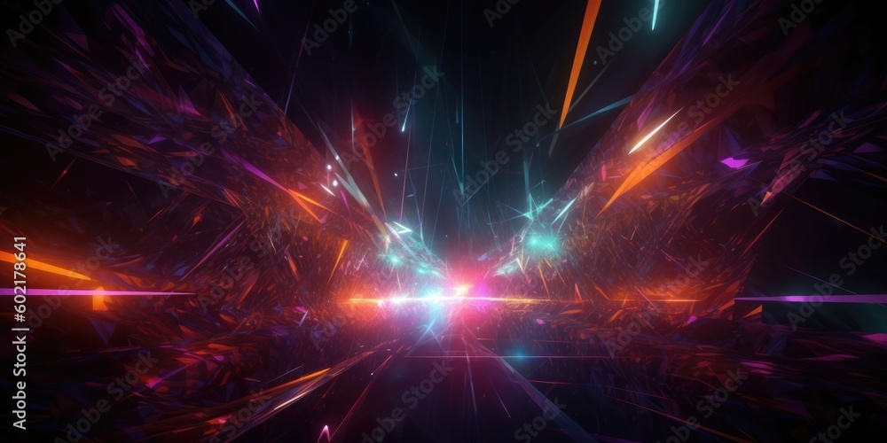 Poster cosmic background with colorful laser lights and broken fractal elements. generative ai aig21.