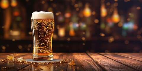 Refreshing Beer on Dark Wood Table, Generative AI