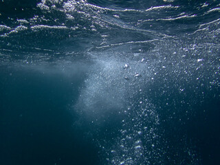Air bubbles underwater rising to water surface, natural scene, Mediterranean sea, Underwater...