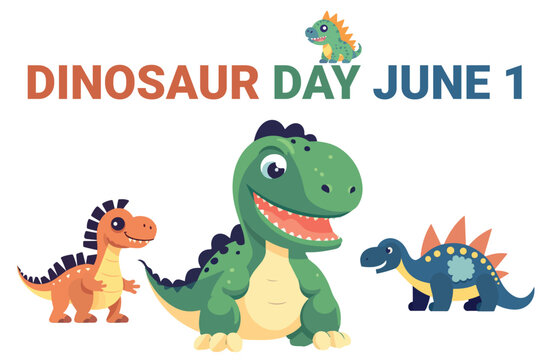 colorful cute dinosaur with bold text isolated on white to celebrate dinosaur day on june 1