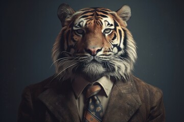 Anthropomorphic Tiger dressed in a suit like a businessman. Business Concept. AI generated, human enhanced