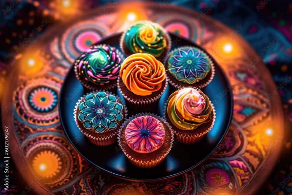 Poster a plate of colorful cupcakes on a table. generative ai image.