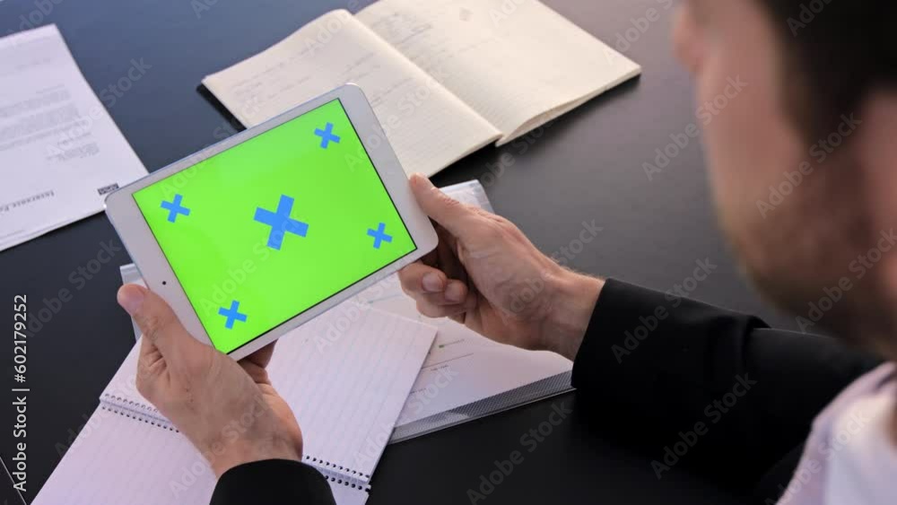 Aufkleber digital, green screen and chroma key with tablet and businessman for research, internet and technolo