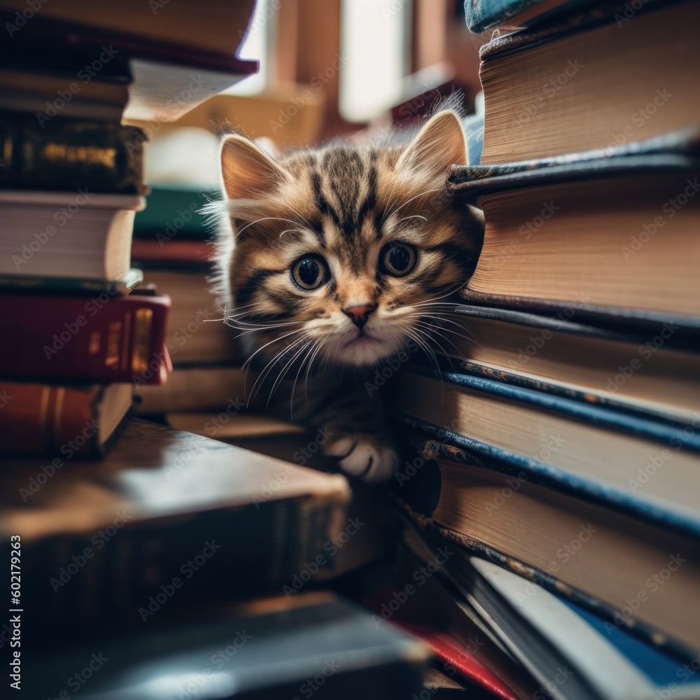 Poster a kitten peeking out from behind a stack of books. generative ai image.