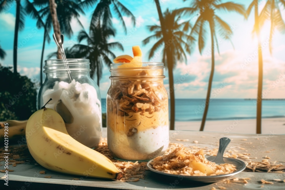 Wall mural a jar of granola sitting on top of a table next to a banana. generative ai image.