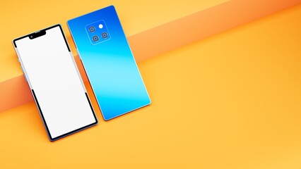Two smart phones blue color pose diagonal on yellow scenery, 3d illustration