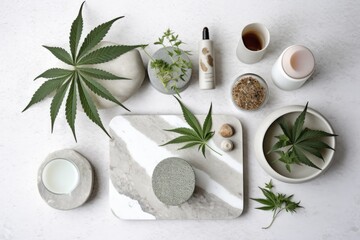 Obraz na płótnie Canvas A top view of a collection of cannabis essentials arranged on a white stone table. Ideal for promoting natural remedies from above white background, Generative AI