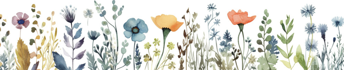 A watercolor painting of a field of flowers. Generative AI panoramic banner in Scandinavian style.