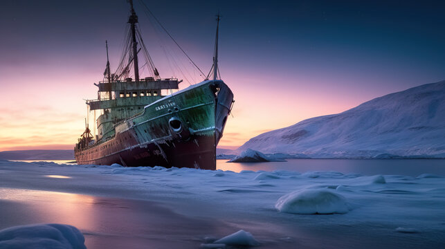 Abandoned ship on ice covered shore. Generative AI.