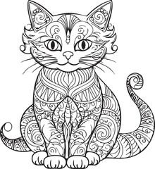 A sitting cat coloring page for adults.