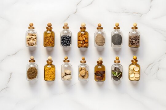 A top view of a collection of essential oils arranged on a white stone table. Ideal for promoting aromatherapy and natural remedies, Generative AI