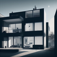 Illustration of modern dark apartment with big windows